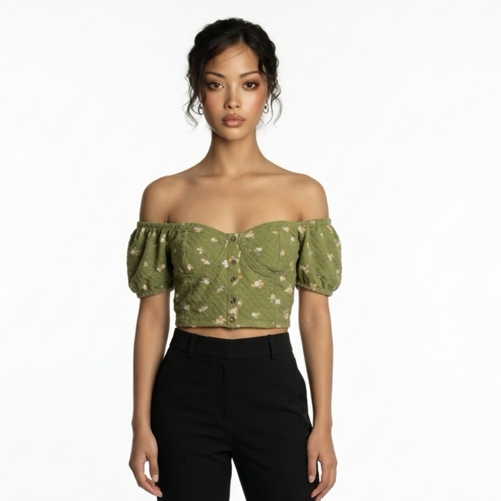 Billabong Green Floral Off Shoulder Crop Top Boho Cottagecore Size M